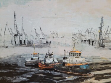 Schilderij getiteld "Drei Schlepper" door Kathrin Flöge, Origineel Kunstwerk, Acryl Gemonteerd op Frame voor houten brancard