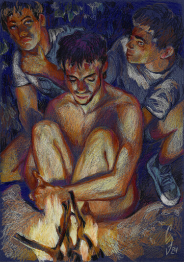 Drawing titled "By the fire" by Sergey Sovkov, Original Artwork, Conté