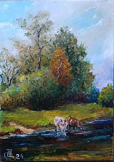 绘画 标题为“Painting "Cows at a…” 由Sergiy Tsymbalov, 原创艺术品, 油