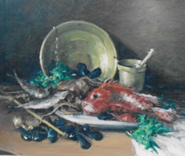 Natura morta con pescato e stadera Pittura intitolato "Natura morta con pe…" da Ciro Cacace, Opera d'arte originale, Olio