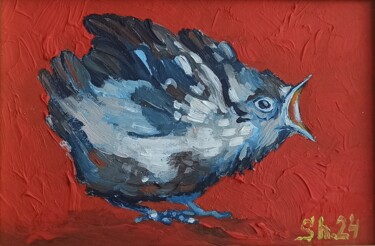 Blue Bird Painting, Speaker Bird Wall Art, Bright Original 绘画 标题为“Blue Bird Painting,…” 由Svetlana Sindere, 原创艺术品, 油 安装在纸板上