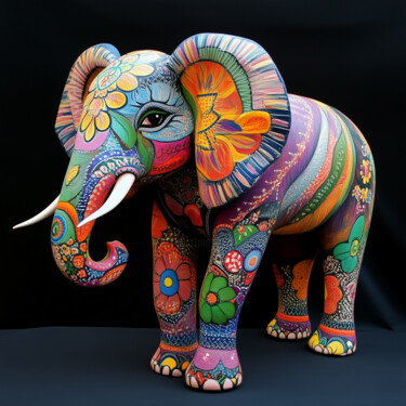 Garden of Whimsy: Alebrije Elephant with Floral Motifs 数字艺术 标题为“Garden of Whimsy: A…” 由Alberto Capitani, 原创艺术品, AI生成的图像