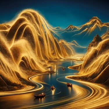Digitale Kunst mit dem Titel "blue and golden lan…" von Dinem, Original-Kunstwerk, KI-generiertes Bild