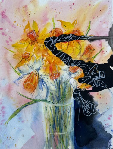 「yellow daffodils an…」というタイトルの絵画 Наталя Азарнаによって, オリジナルのアートワーク, 水彩画