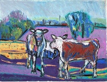 Schilderij getiteld "vaches en Mayenne" door Pierre-Marie Blardoni, Origineel Kunstwerk, Pastel Gemonteerd op Andere stijve…