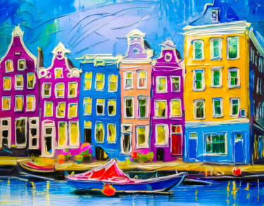 Carnival Façades by the Canal | Impression Amsterdam No. 312 Digitale Kunst getiteld "Carnival Façades by…" door Mathias (1975), Origineel Kunstwerk, Digitaal Schilderwerk
