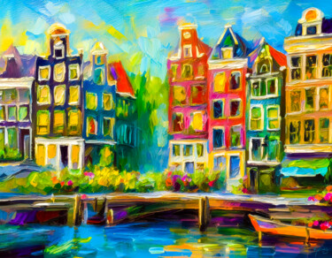 Sunburst Along the Canal | Impression Amsterdam No. 049 Digitale Kunst getiteld "Sunburst Along the…" door Mathias (1975), Origineel Kunstwerk, Digitaal Schilderwerk