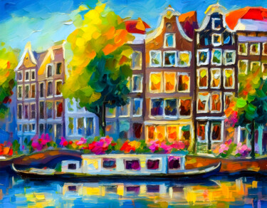Golden Windows Over the Water | Impression Amsterdam No. 040 Digitale Kunst getiteld "Golden Windows Over…" door Mathias (1975), Origineel Kunstwerk, Digitaal Schilderwerk