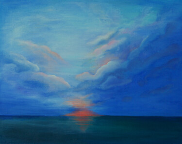 Painting titled "Sunset at sea" by Iryna Bila, Original Artwork, Oil Mounted on Wood Stretcher frame