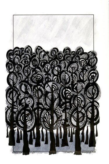 Dibujo titulada "A trait d'Arbres n°…" por Christian Vanwambeke, Obra de arte original, Tinta Montado en Metal