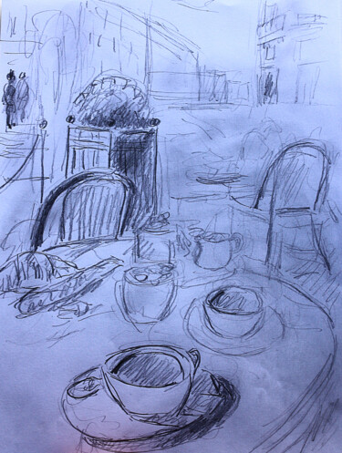 图画 标题为“Petit café parisien…” 由Jean Mirre, 原创艺术品, 铅笔