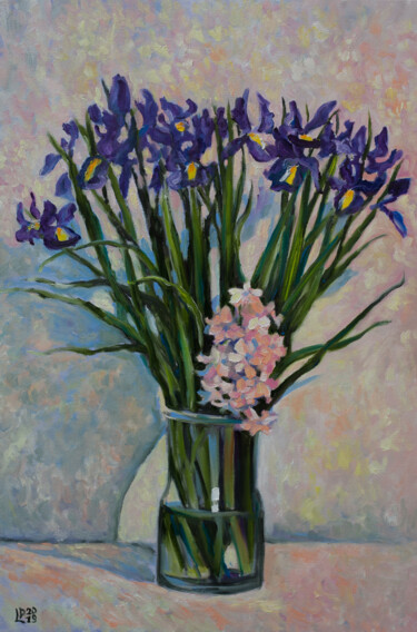 「Irises and Hyacinth」というタイトルの絵画 Liudmila Pisliakovaによって, オリジナルのアートワーク, オイル ウッドストレッチャーフレームにマウント