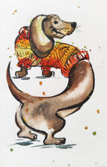 绘画 标题为“Dachshund in a swea…” 由Yulia Belasla, 原创艺术品, 水彩