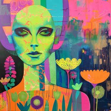 Woman portrait with flowers Peinture intitulée "Woman portrait with…" par Marina Mark, Œuvre d'art originale, Acrylique