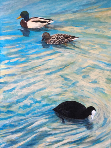 Painting titled "Reflets et oiseaux…" by Camille Rouschmeyer, Original Artwork, Acrylic Mounted on Wood Stretcher frame