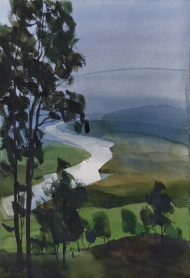 Painting titled "River and us, both…" by Prashant Prabhu, Original Artwork, Watercolor