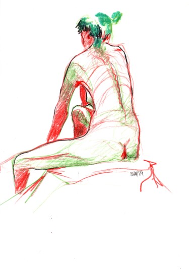 Dessin intitulée "Nu, rouge et vert" par Dominique Leblanc, Œuvre d'art originale, Crayon