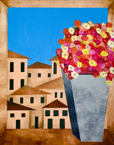 绘画 标题为“Flores na Janela I” 由Pedro Paulo Silva Ribeiro, 原创艺术品, 丙烯 安装在木质担架架上