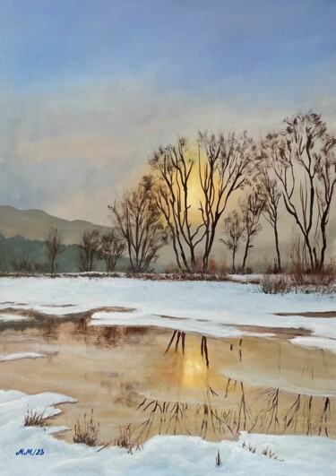 Snow River Painting titled "Snow River" by Maria Marikina, Original Artwork, Oil Mounted on Wood Stretcher frame