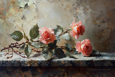 Pink Little Roses Peinture intitulée "Pink Little Roses" par Tatjana Cechun, Œuvre d'art originale, Huile