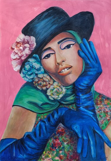 A fashion portrait of a woman donning blue gloves and a hat.