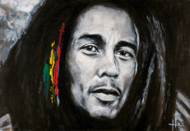 Painting titled "Bob Marley" by Hervé Rubeaud, Original Artwork, Oil Mounted on Wood Stretcher frame