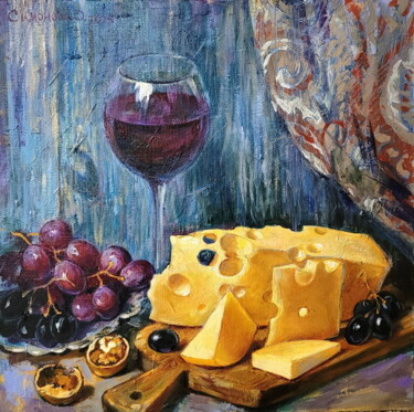 Cheese and Wine, Kitchen Artwork 绘画 标题为“Cheese and Wine, Ki…” 由Simanolya, 原创艺术品, 油 安装在木质担架架上