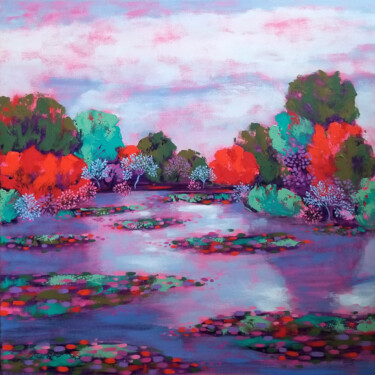 Painting titled "Sun-kissed River" by Karen Rieger, Original Artwork, Acrylic Mounted on Wood Stretcher frame