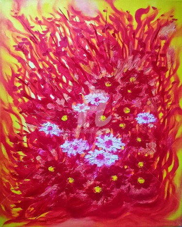 绘画 标题为“GARDEN IN RED” 由Constantin Popescu, 原创艺术品, 油 安装在木质担架架上
