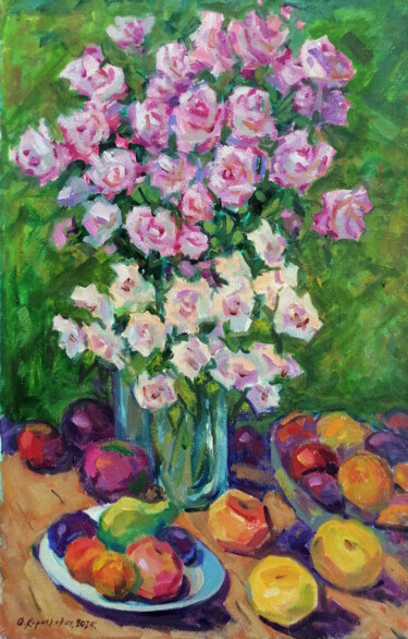 제목이 "Still Life With Ros…"인 미술작품 Олег Короткевич로, 원작, 기름 나무 들것 프레임에 장착됨