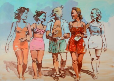 Unexpected encounter, girls in vintage clothing on the sea Painting titled "Unexpected encounte…" by Marina Lukianova, Original Artwork, Acrylic Mounted on Wood Stretcher frame