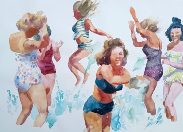 When my mom was young, girls laughing in the sea,retro 绘画 标题为“When my mom was you…” 由Marina Lukianova, 原创艺术品, 水彩