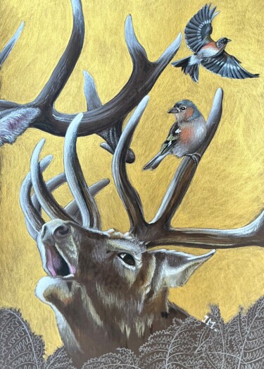 Painting titled "Un cerf, deux oisea…" by Isabelle Molinard, Original Artwork, Acrylic