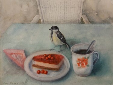 A piece for me, please - Blue Tit on a Café Terrace Peinture intitulée "A piece for me, ple…" par Mervi Korhonen, Œuvre d'art originale, Aquarelle Monté sur Carton