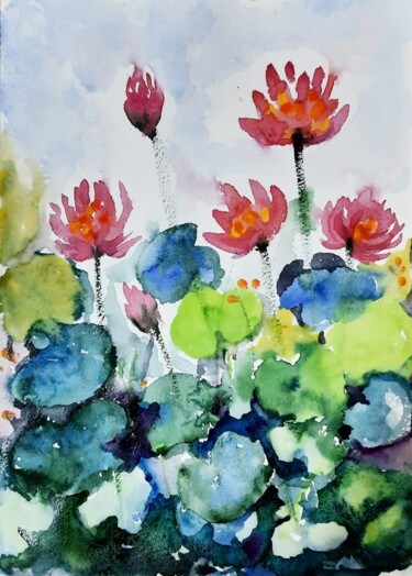绘画 标题为“Water Lily Pond Gar…” 由Asha Sudhaker Shenoy, 原创艺术品, 水彩