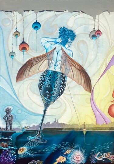 Painting titled "Speelse nimf" by Bob Ivens, Original Artwork, Oil Mounted on Wood Stretcher frame