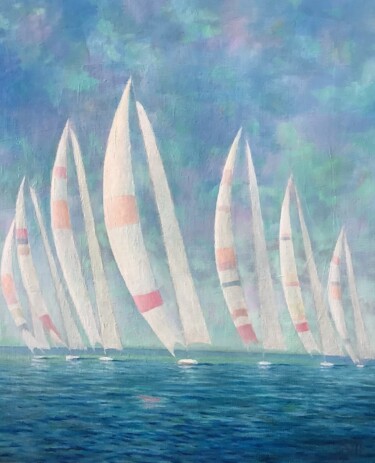 Painting titled "Регата." by Sergey Mikheev, Original Artwork, Oil Mounted on Wood Stretcher frame