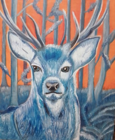 绘画 标题为“Le cerf bleu” 由Adélaïde Simon, 原创艺术品, 油 安装在木质担架架上