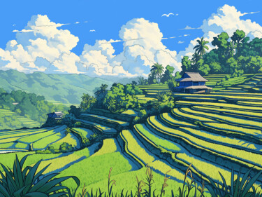 Malerei mit dem Titel "Rice terraces" von Kosta Morr, Original-Kunstwerk, Acryl Auf Keilrahmen aus Holz montiert