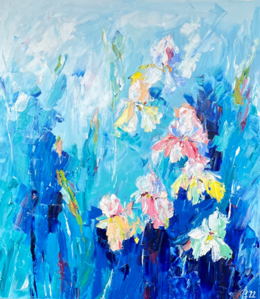 Gentle irises Peinture intitulée "Gentle irises" par Svitlana Andriichenko, Œuvre d'art originale, Huile Monté sur Panneau de bois