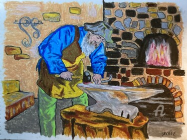 Painting titled "LE FORGERON" by Philippe Savage, Original Artwork, Pastel