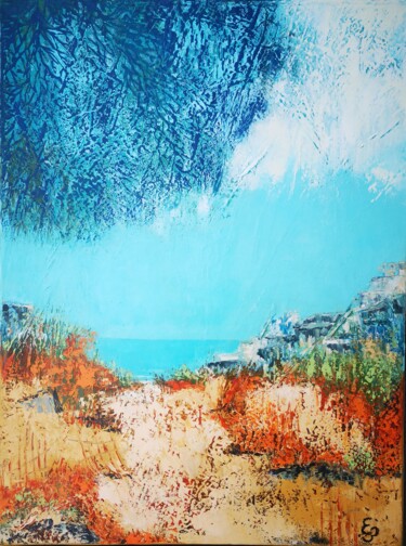 Painting titled "La plage" by Evelyne Brunet, Original Artwork, Oil Mounted on Wood Stretcher frame