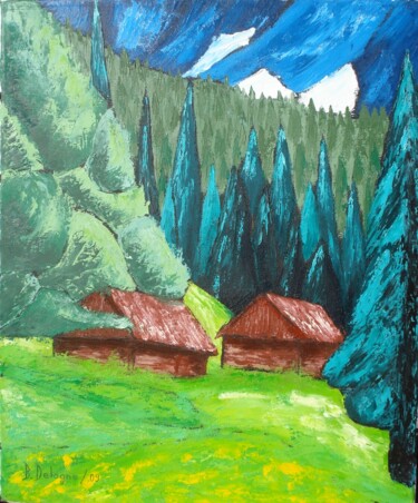 Painting titled "LES CHALETS DE MONT…" by Bertrand Delogne, Original Artwork, Oil Mounted on Wood Stretcher frame