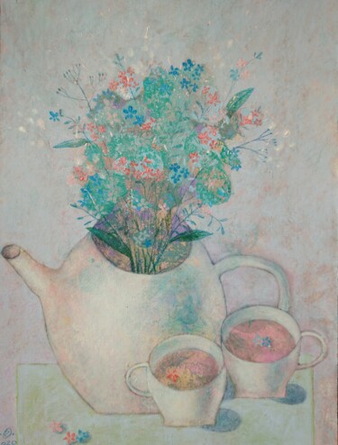 Tea with forget-me-nots/Чай с незабудками Malerei mit dem Titel "Tea with forget-me-…" von Olga Griunberg, Original-Kunstwerk, Acryl Auf Karton montiert