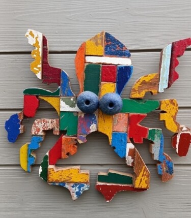 "Octopus yeux bleus" başlıklı Heykel Jean René Petibon tarafından, Orijinal sanat, Ahşap