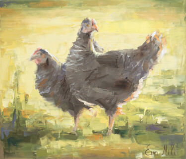 Two Speckled Hens Peinture intitulée "Two Speckled Hens" par Eva Mili, Œuvre d'art originale, Huile Monté sur Châssis en bois