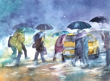 Painting titled "Clapotis et paraplu…" by Françoise Tolbiac, Original Artwork, Watercolor