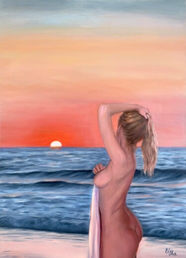 Sunset by the sea 绘画 标题为“Sunset by the sea” 由Elena Ushanova, 原创艺术品, 油 安装在木质担架架上