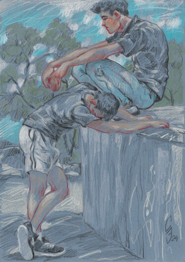 Drawing titled "Waiting for the eve…" by Sergey Sovkov, Original Artwork, Conté