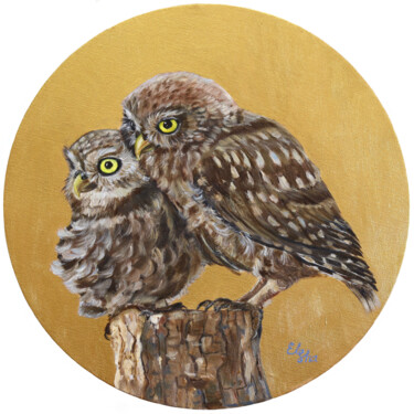 绘画 标题为“A couple of owls” 由Elena Ushanova, 原创艺术品, 油 安装在木质担架架上